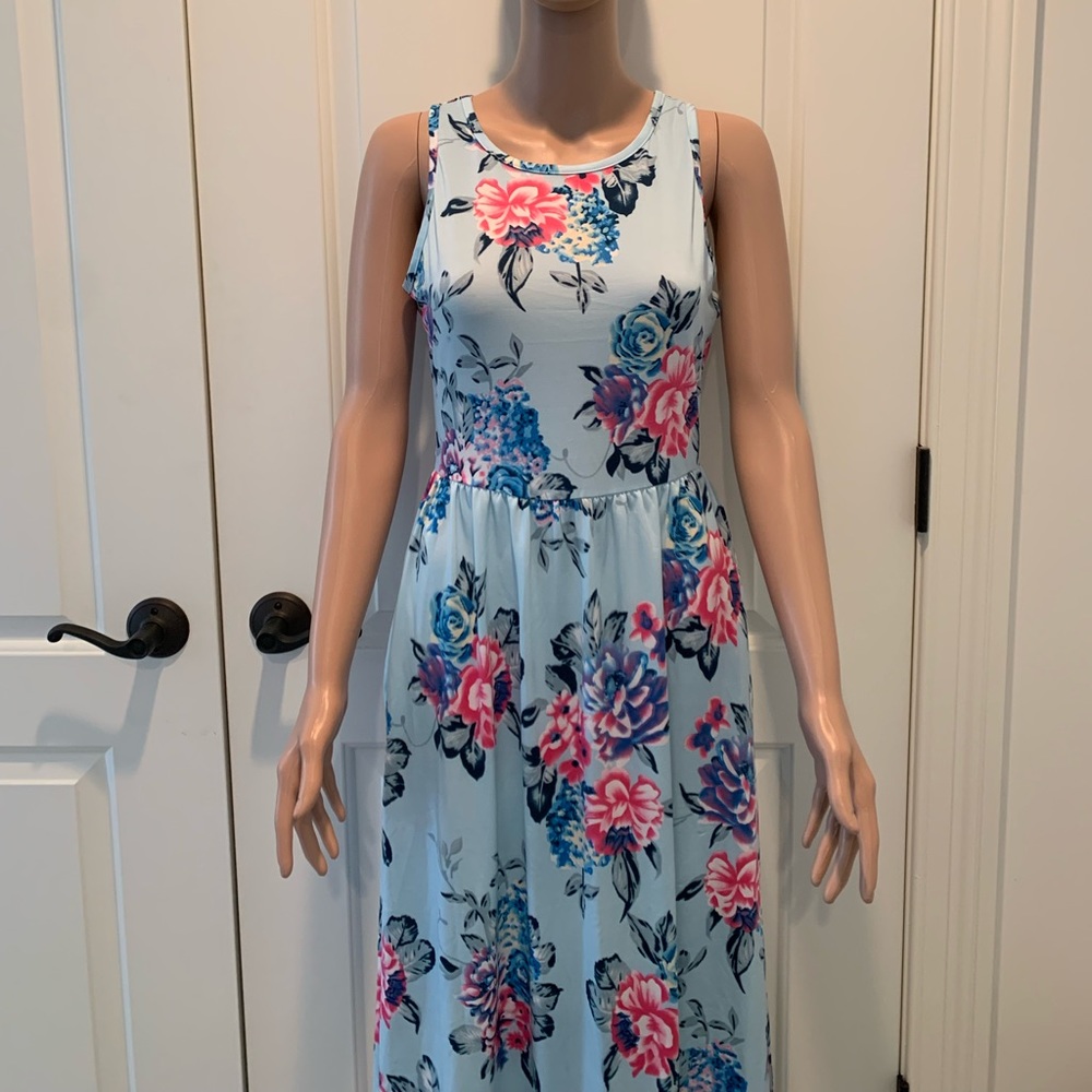 Blue and pink floral racer back tank maxi dress